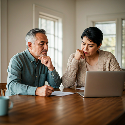 Middle-aged Ecuadorian couple sitting at a wooden dining table in a bright, cozy home, looking over papers with calm and relief, natural warm lighting