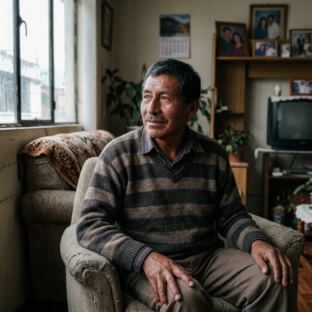 Portrait of a retired Ecuadorian man, natural expression, visible skin texture